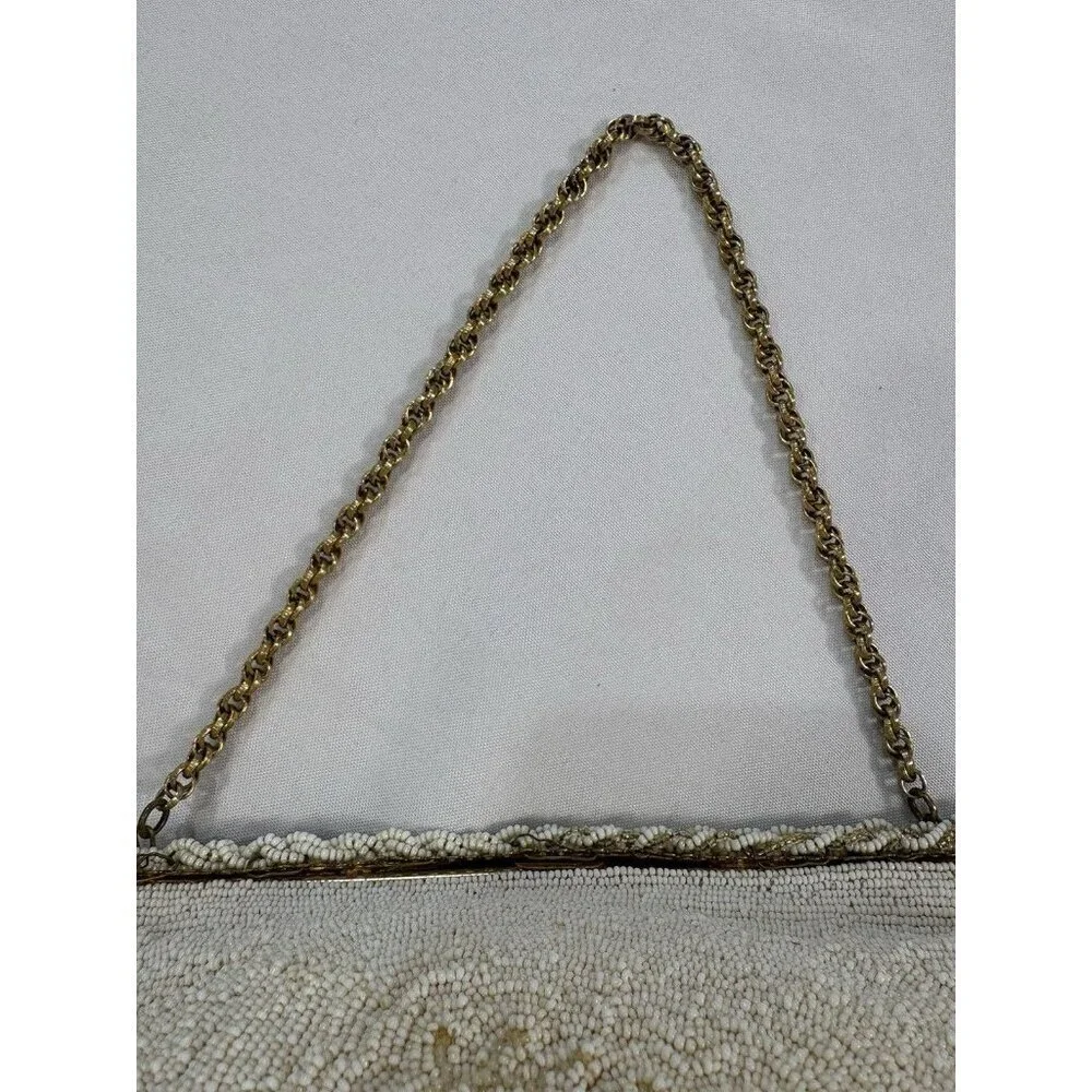 Vintage Rosenfeld Cream and Gold Hand Beaded Purse Made In Belgium